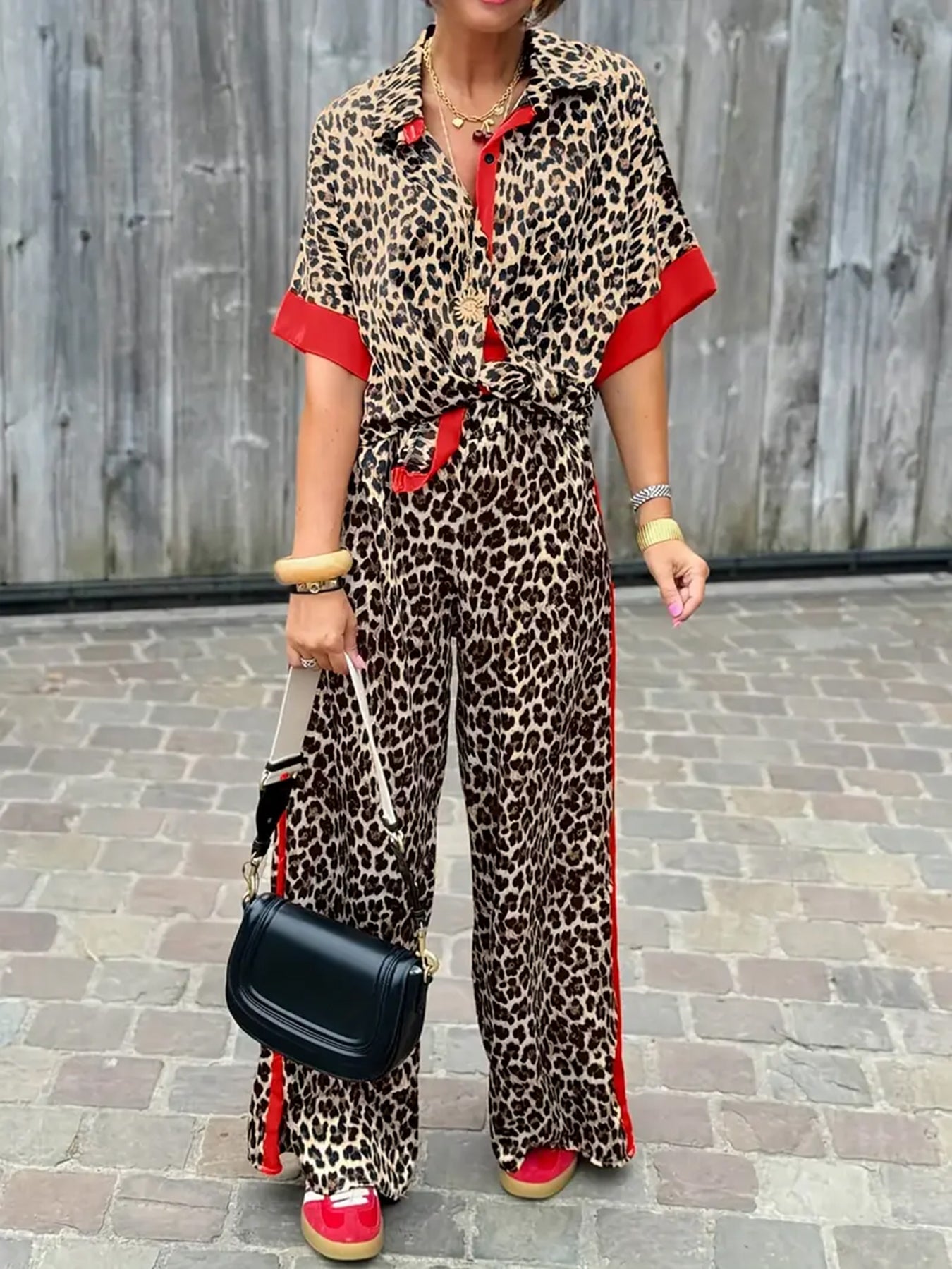 Cyra™ - Ensemble Imprimé Léopard avec Pantalon à Jambes Larges