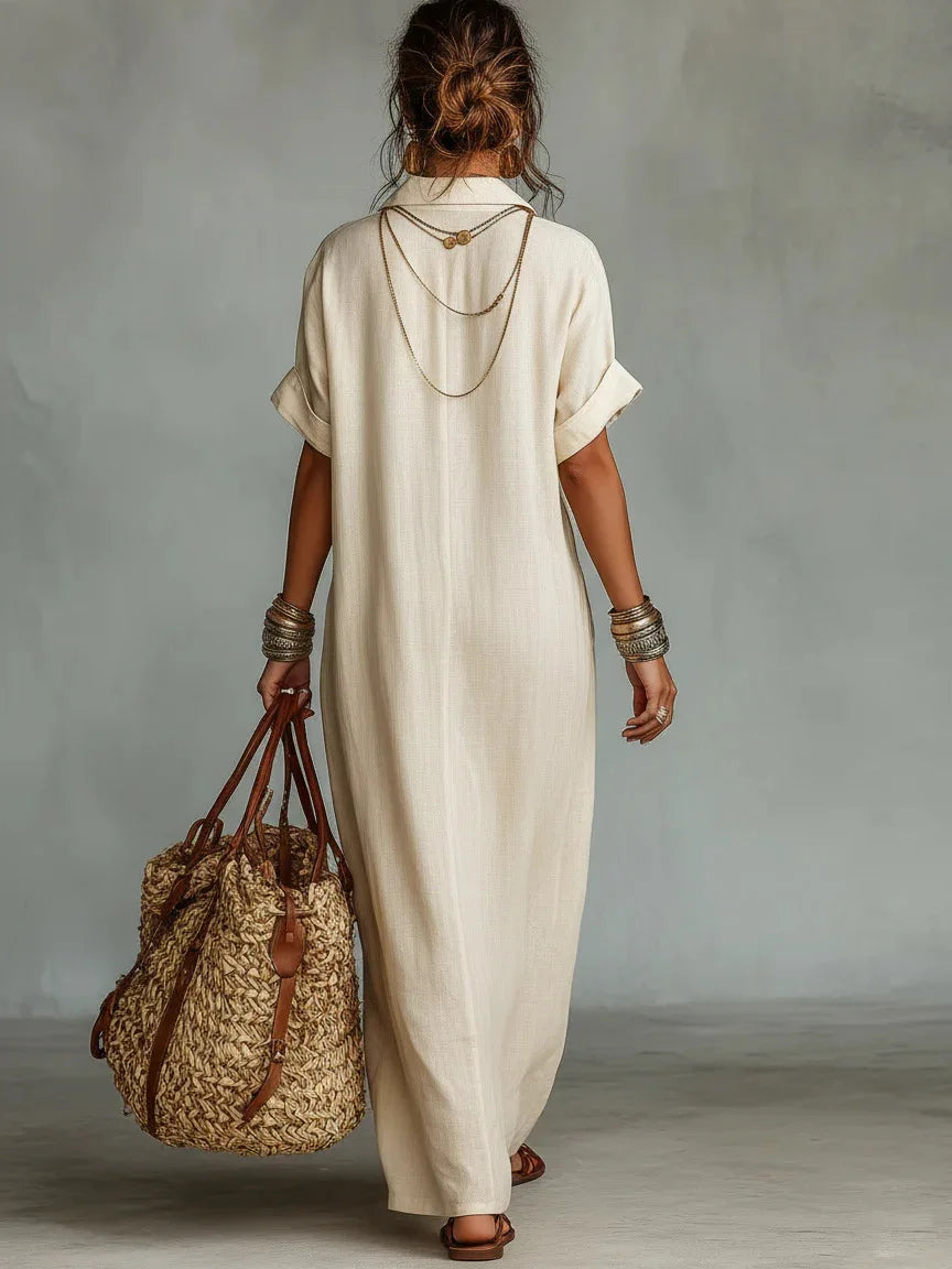 Pherelle - Robe longue femme brodée effet lin avec poches