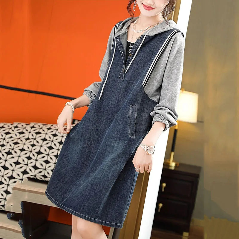 Isavellea - Robe Sweat Patchwork en Jean à Capuche