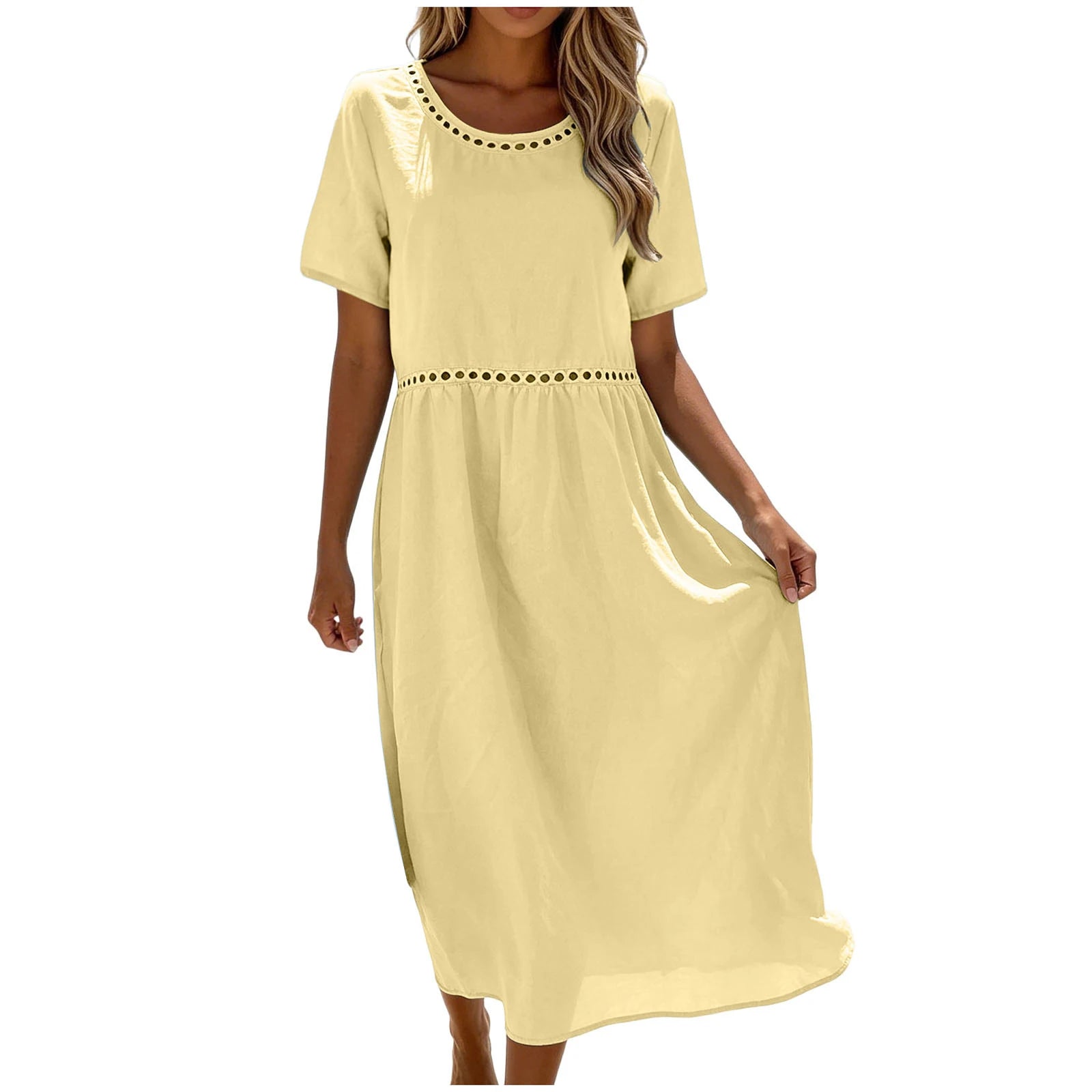 Quessina - Robe longue femme coton-polyester avec col rond ajouré