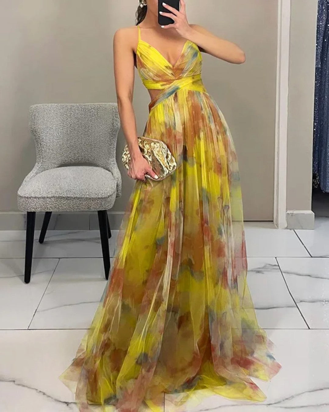 Helena™ - Robe Maxi Femme Fluide Décolleté V Bretelles Fines Élégance Florale
