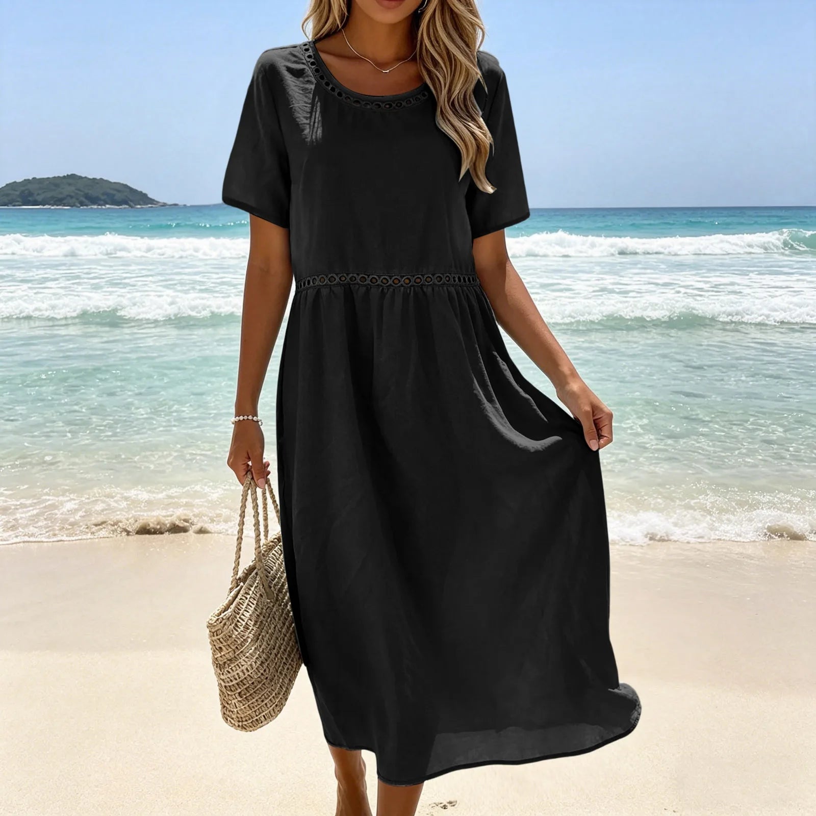 Quessina - Robe longue femme coton-polyester avec col rond ajouré