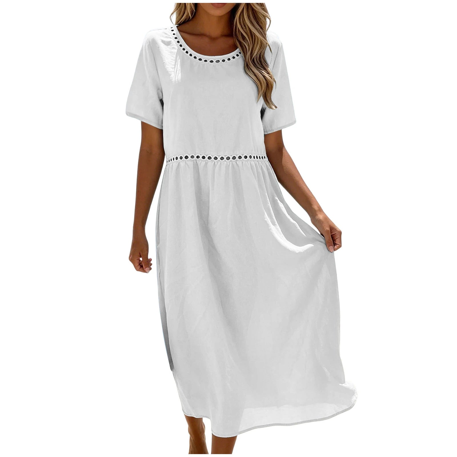 Quessina - Robe longue femme coton-polyester avec col rond ajouré