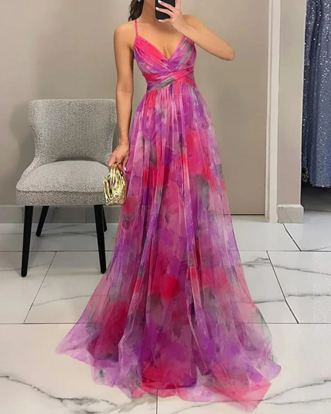Helena™ - Robe Maxi Femme Fluide Décolleté V Bretelles Fines Élégance Florale