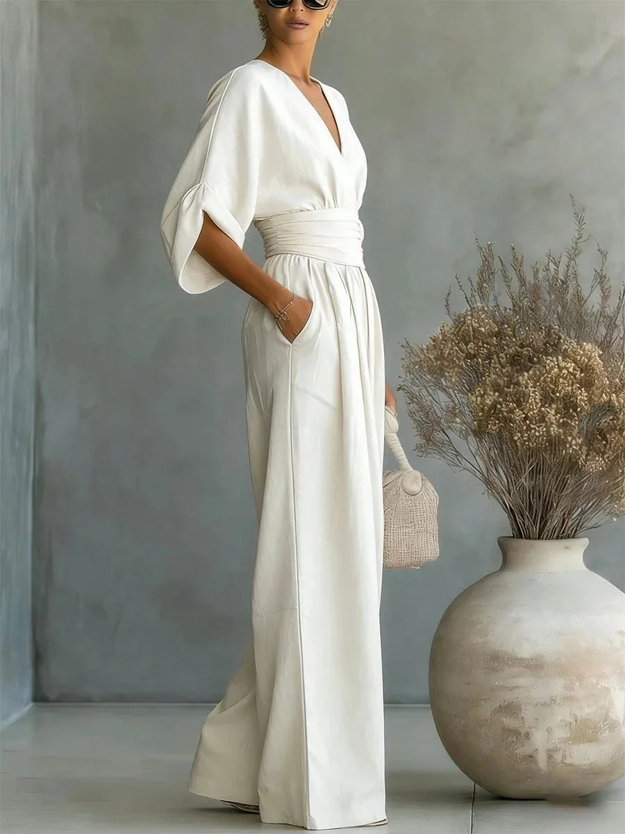 Helyrae™ - Combinaison Femme Col V Taille Marquée Coupe Fluide Élégante