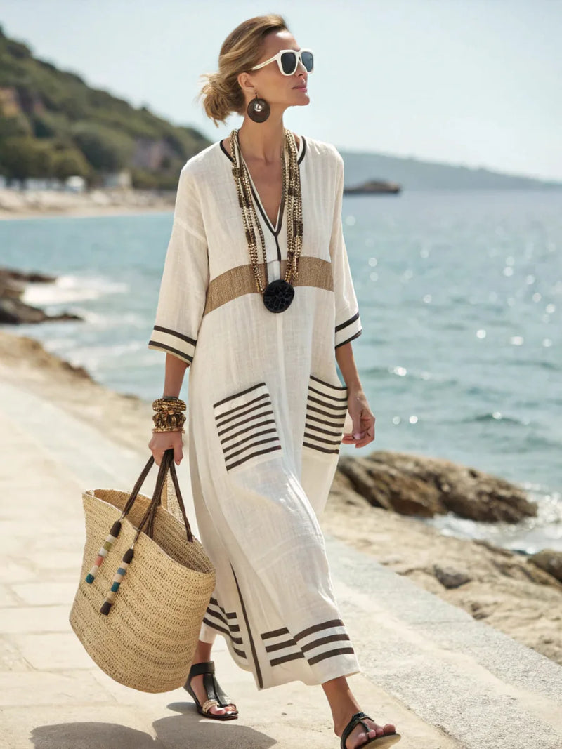 Gorielle™ - Robe femme maxi lin col V rayures contrastées coupe ample