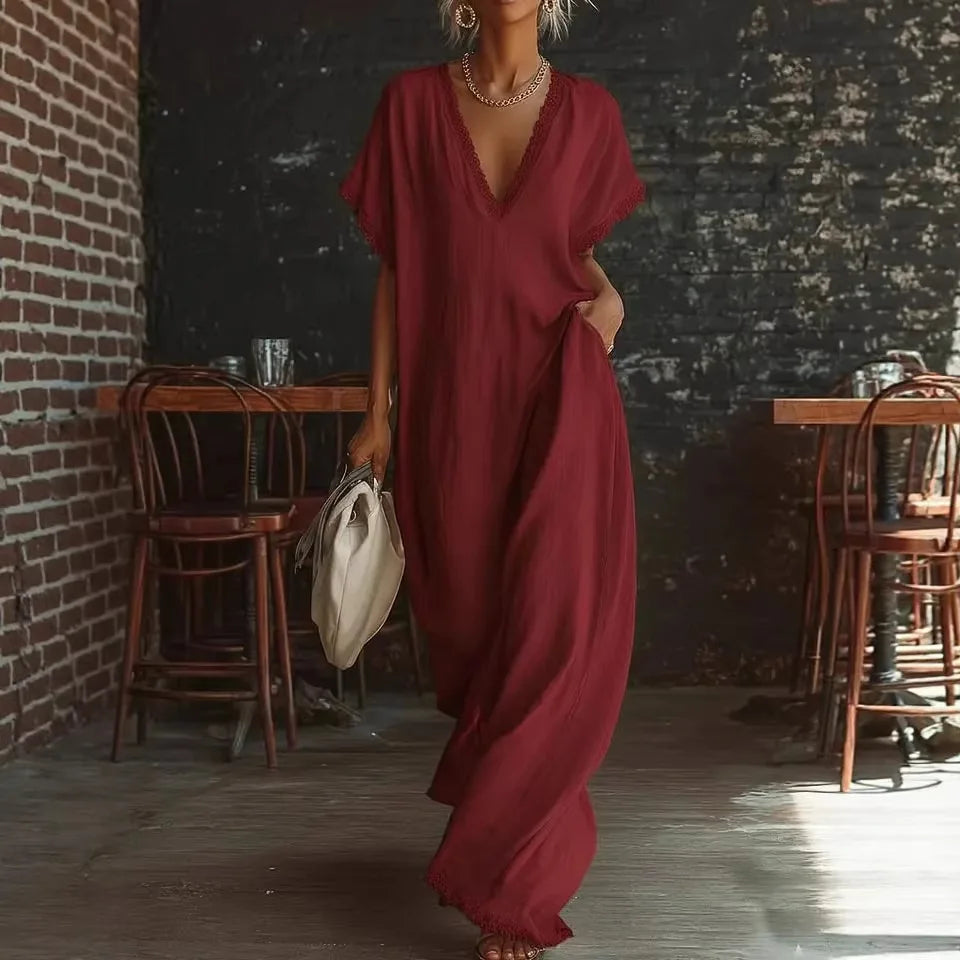 Delyra - Robe longue femme ample avec dentelle et col V