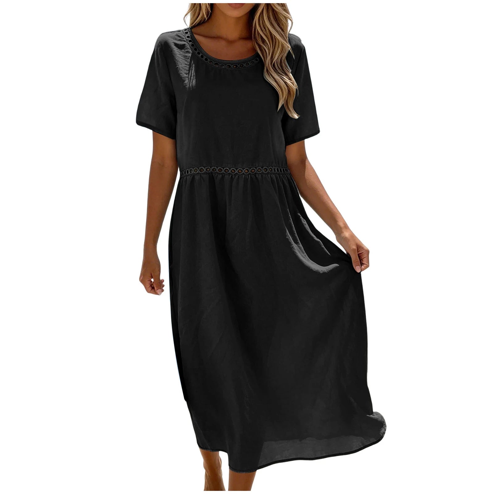 Quessina - Robe longue femme coton-polyester avec col rond ajouré