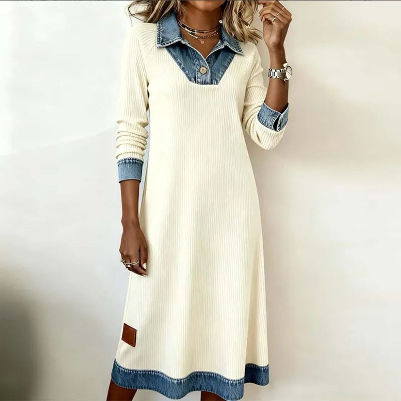 Helirra - Robe Longue Élégante À Col Chemise Patchwork – Style Décontracté D’Automne