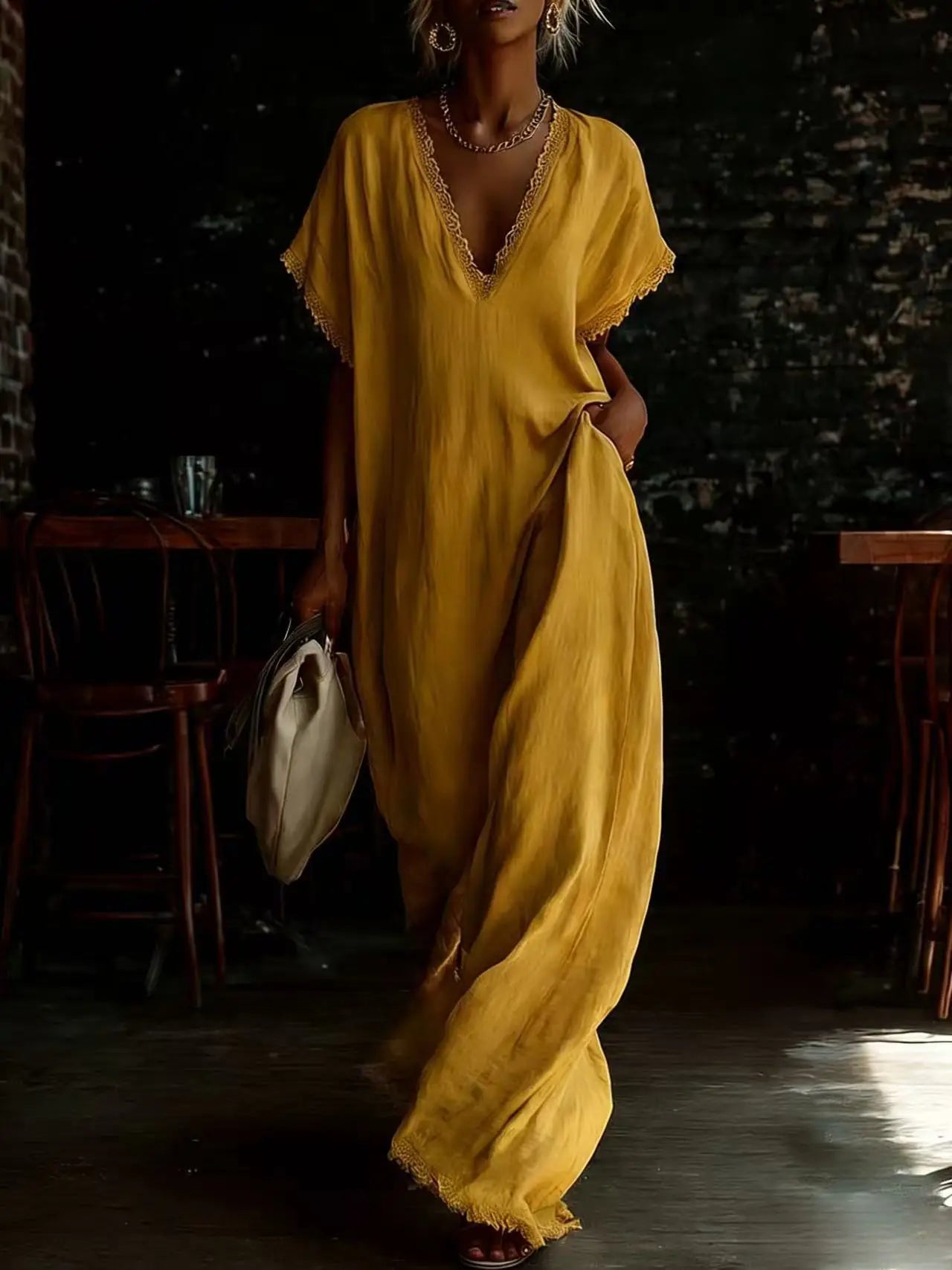 Delyra - Robe longue femme ample avec dentelle et col V