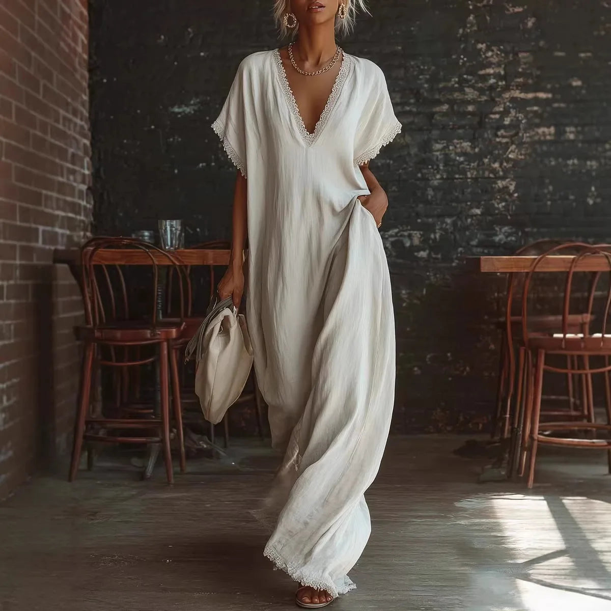 Delyra - Robe longue femme ample avec dentelle et col V