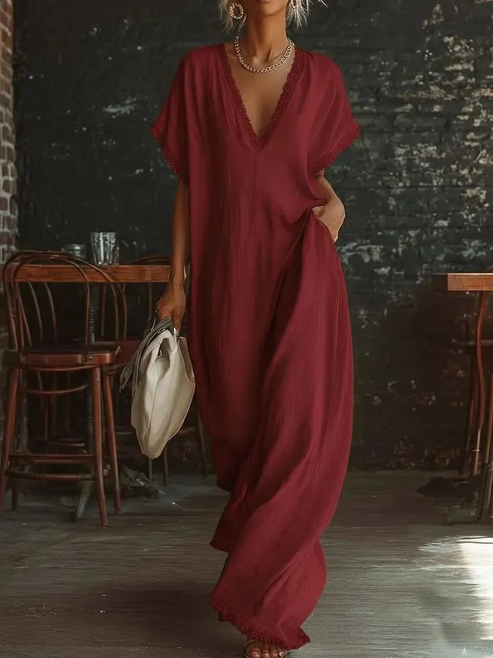 Delyra - Robe longue femme ample avec dentelle et col V