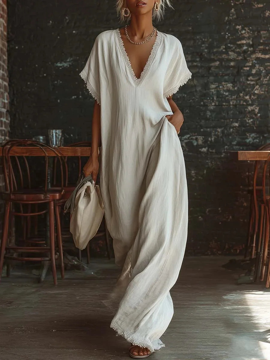 Delyra - Robe longue femme ample avec dentelle et col V