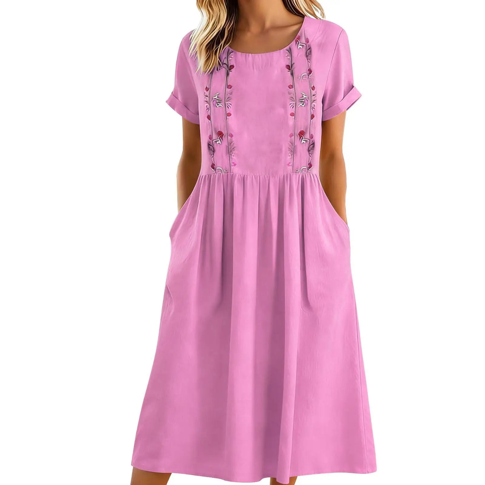 Sylmere - Robe midi femme brodée avec poches et col rond