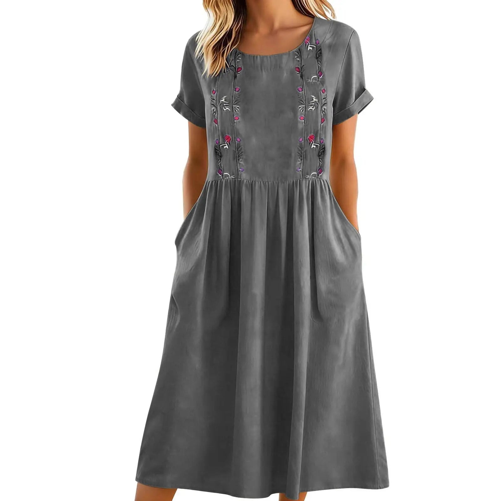 Sylmere - Robe midi femme brodée avec poches et col rond