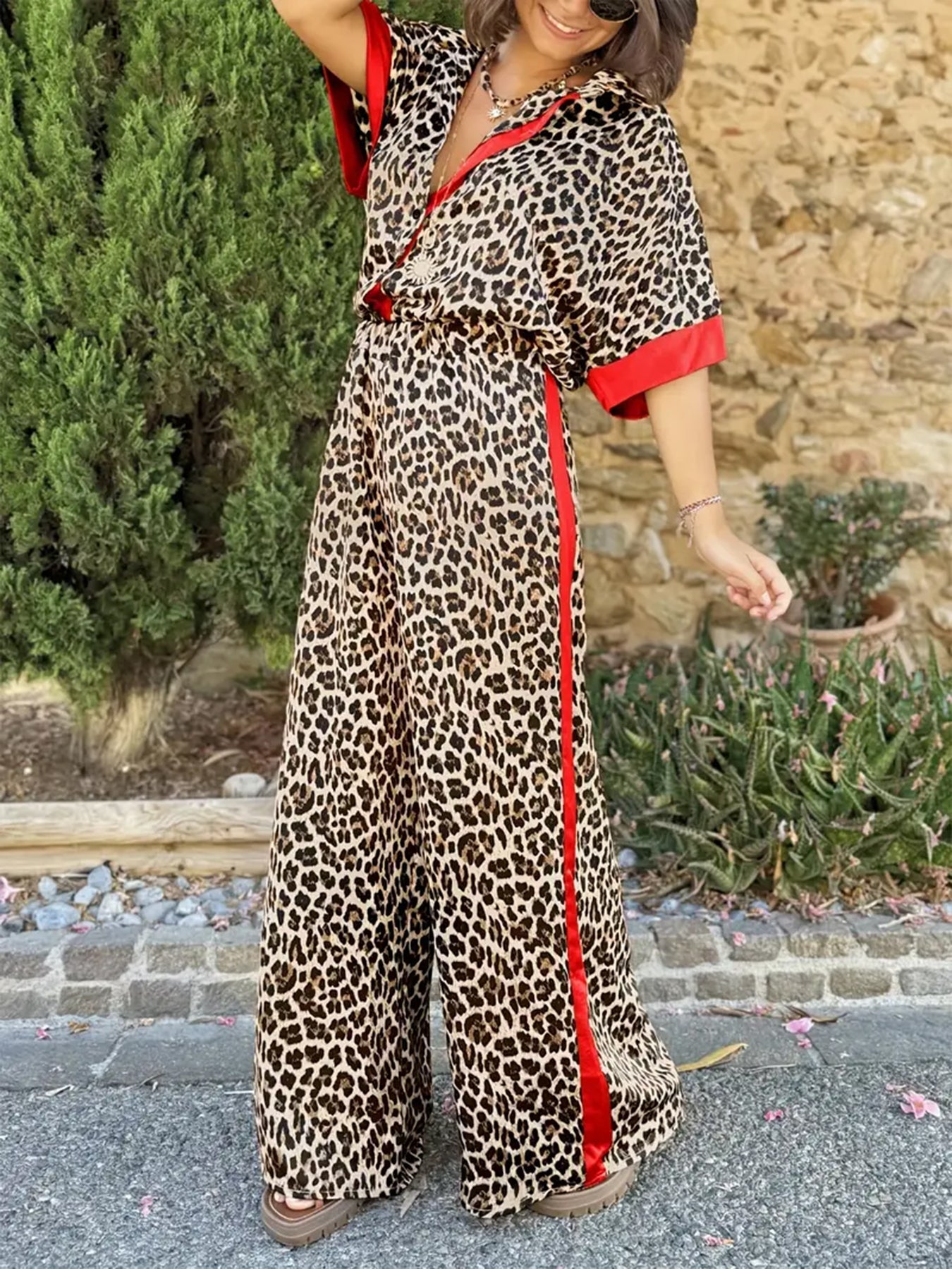 Cyra™ - Ensemble Imprimé Léopard avec Pantalon à Jambes Larges