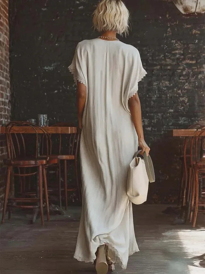 Delyra - Robe longue femme ample avec dentelle et col V