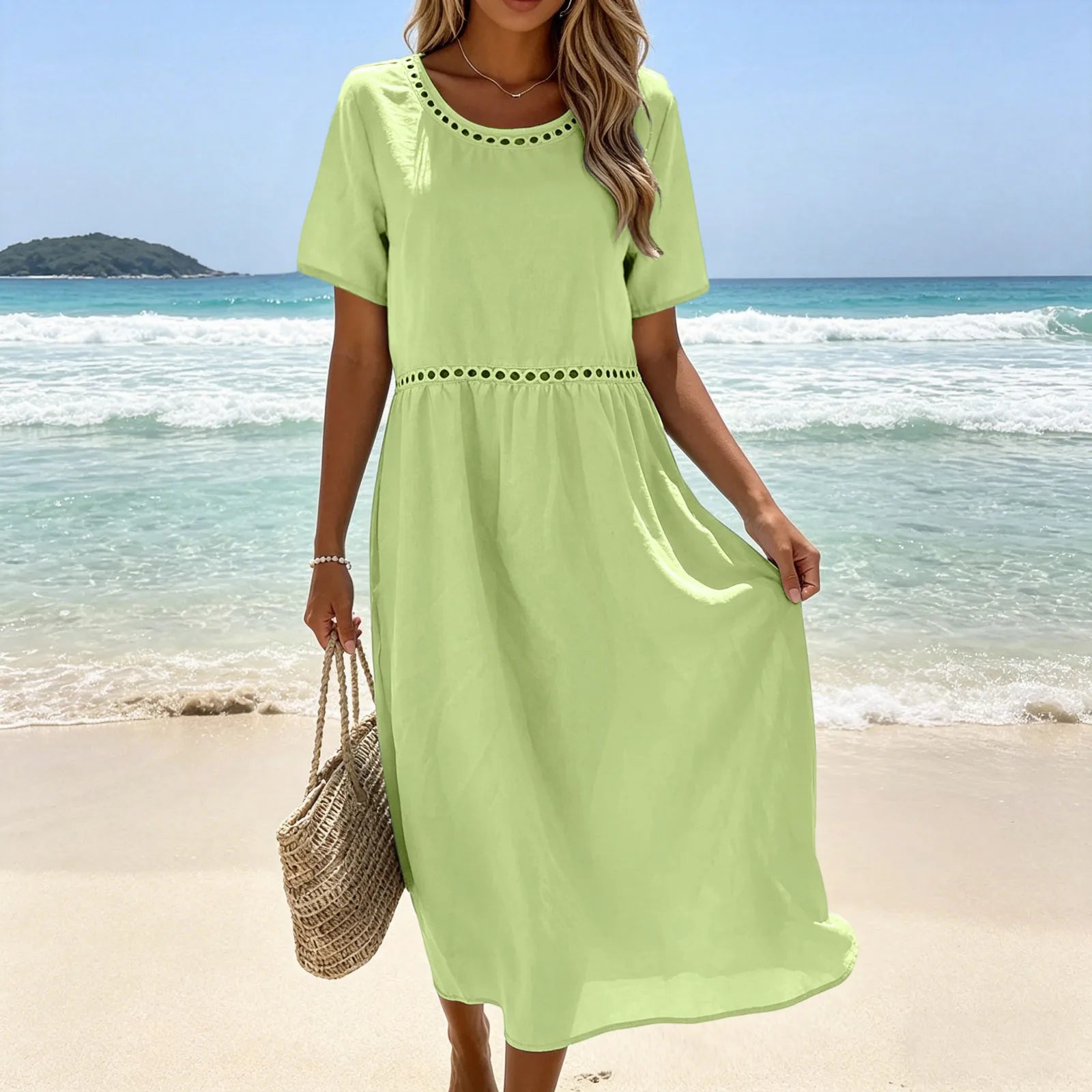 Quessina - Robe longue femme coton-polyester avec col rond ajouré