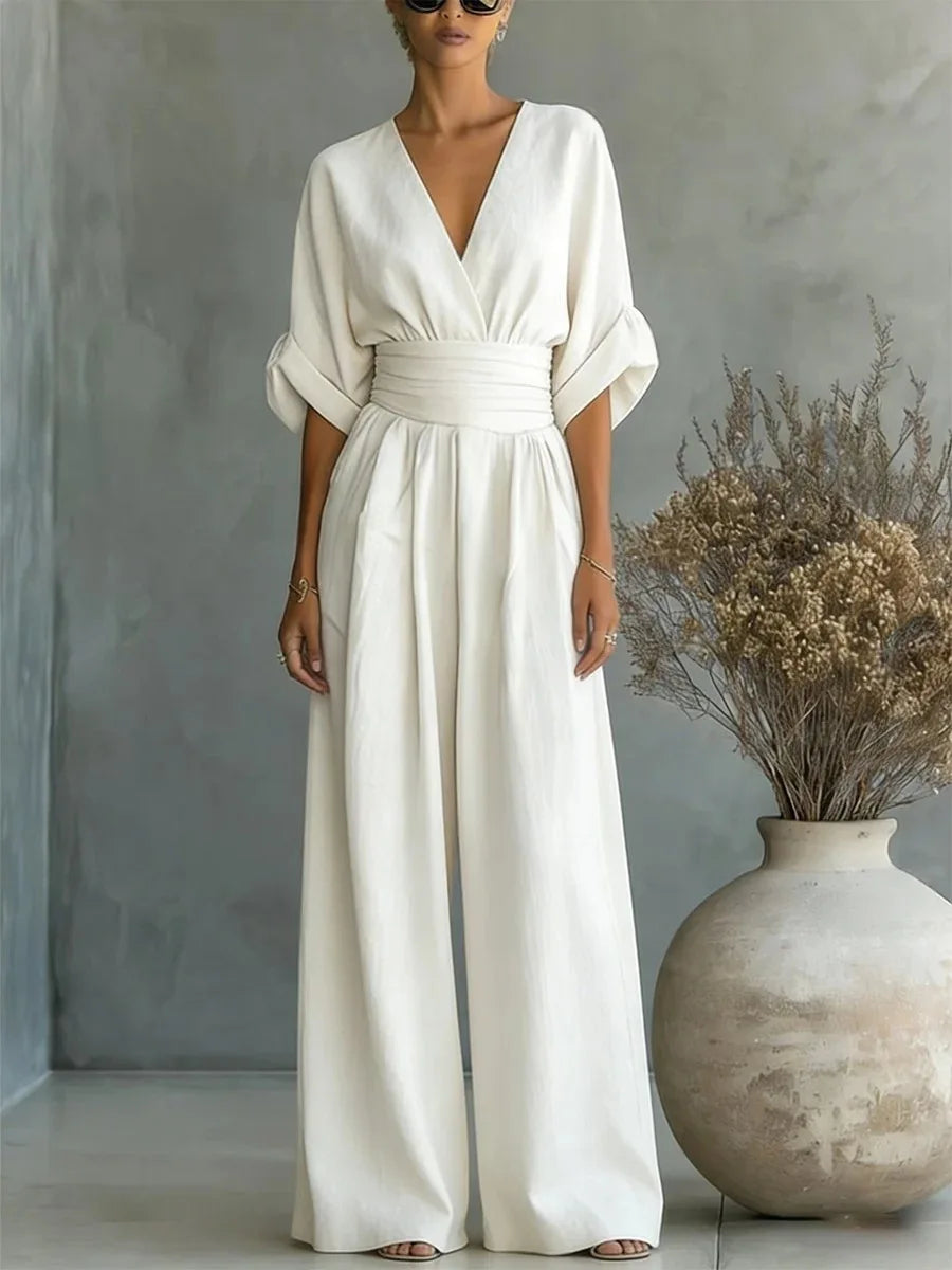 Helyrae™ - Combinaison Femme Col V Taille Marquée Coupe Fluide Élégante