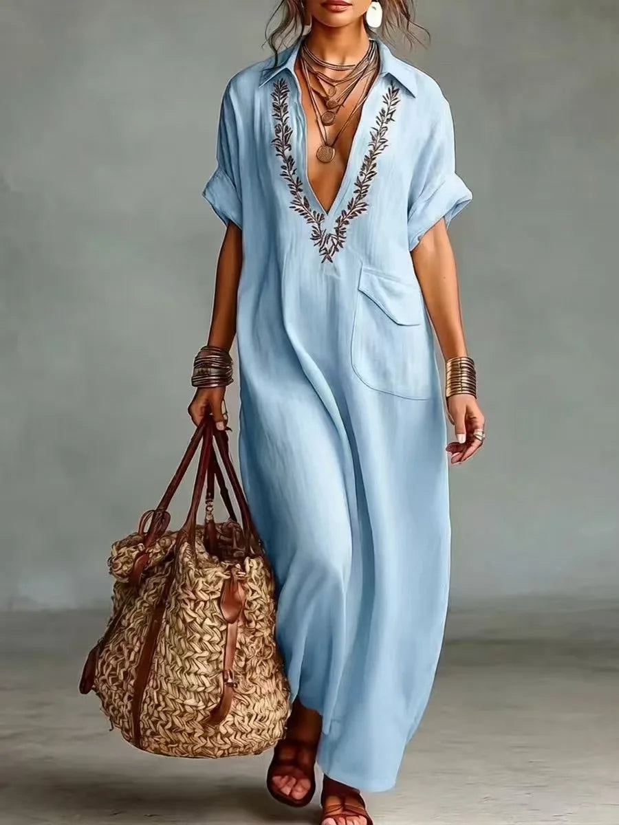 Pherelle - Robe longue femme brodée effet lin avec poches