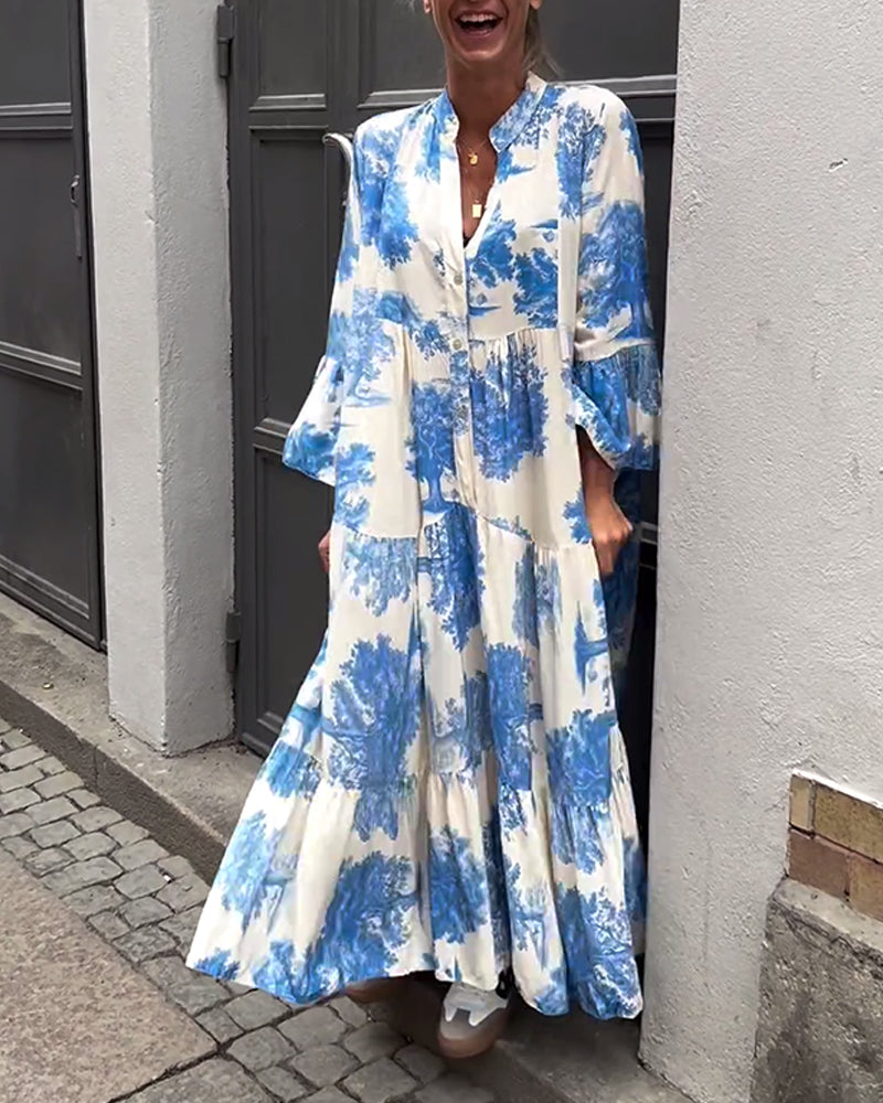Greta™ - Robe Patchwork Ample avec Col en V et Manches Cloches Imprimées