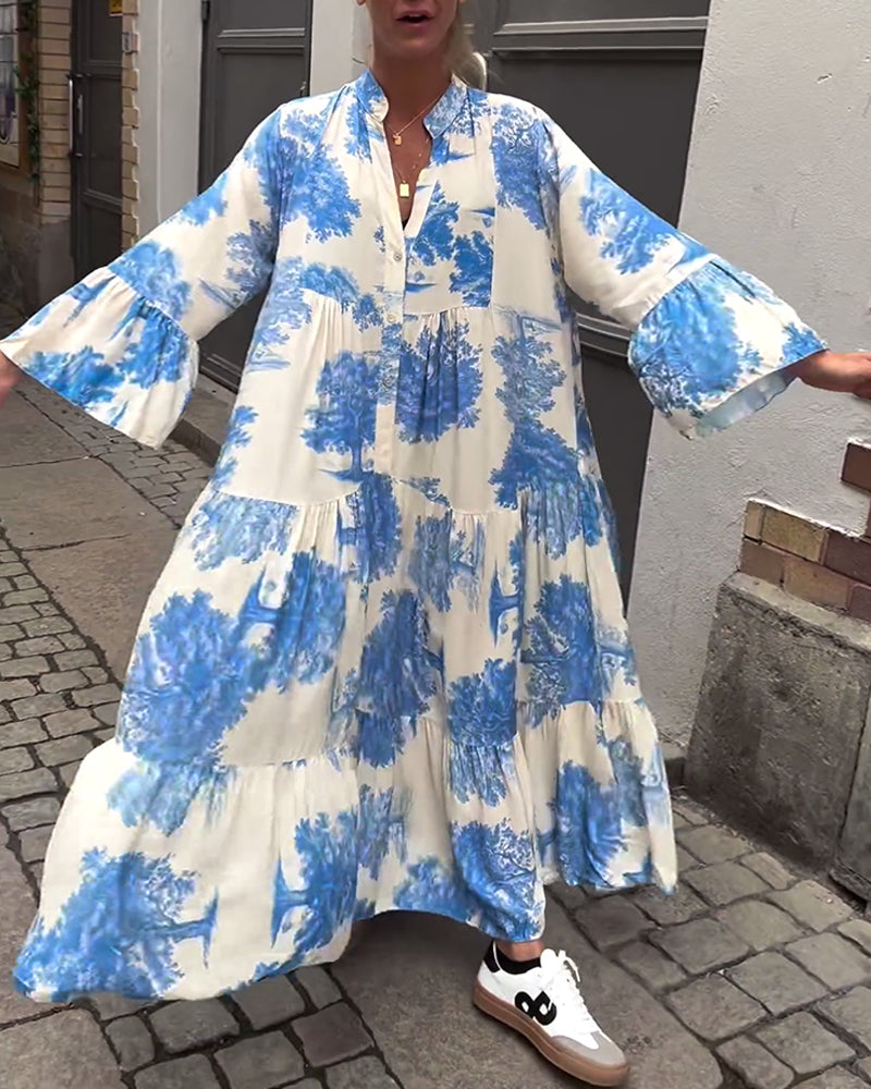 Greta™ - Robe Patchwork Ample avec Col en V et Manches Cloches Imprimées