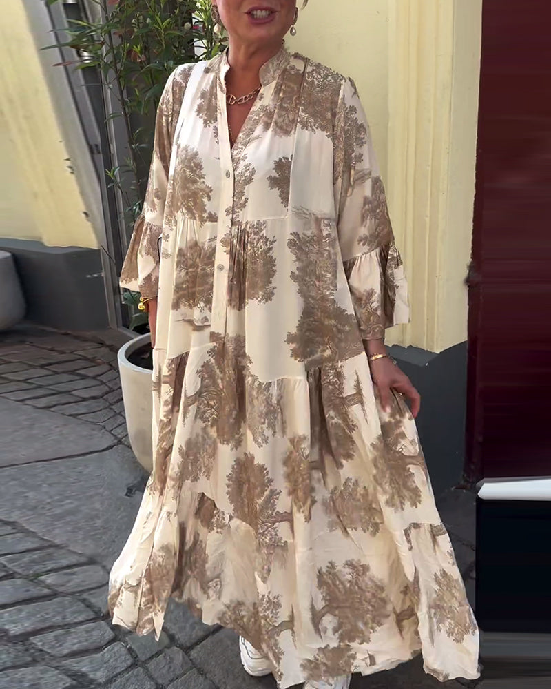 Greta™ - Robe Patchwork Ample avec Col en V et Manches Cloches Imprimées