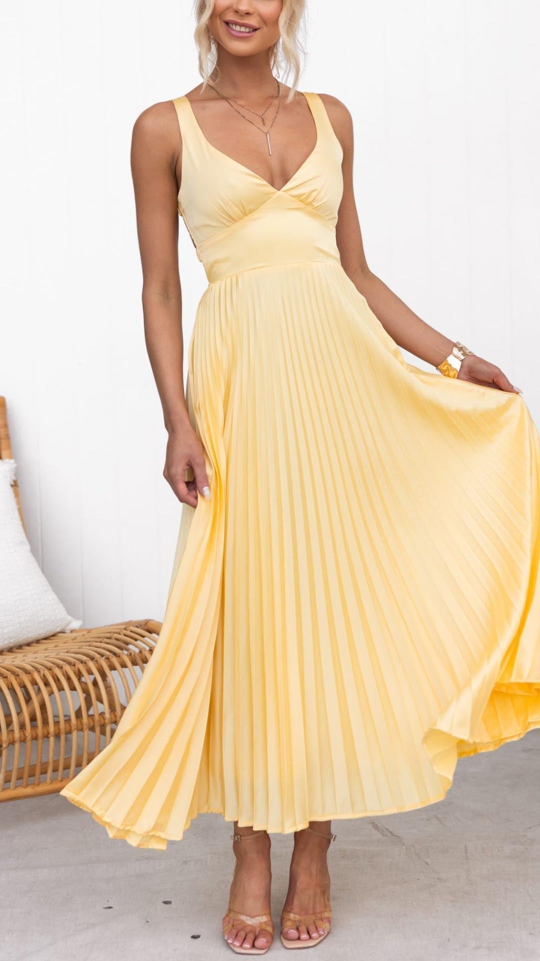 Darya™ - Robe Maxi Plissée Jaune à Décolleté en V