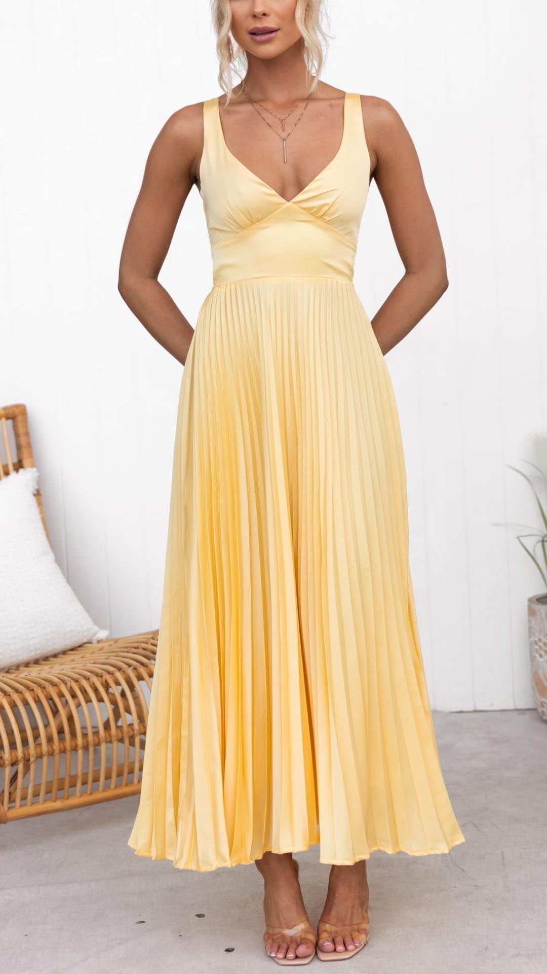 Darya™ - Robe Maxi Plissée Jaune à Décolleté en V