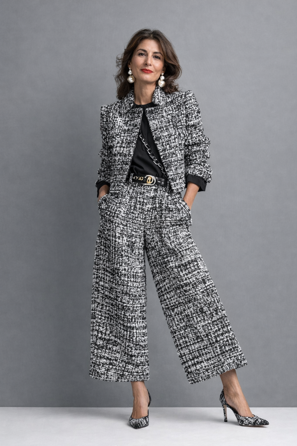 Luneth - Ensemble femme en tweed avec veste courte et pantalon large