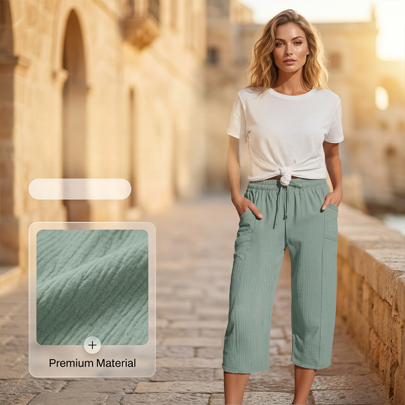 Olivyra™ - Pantacourt femme léger en coton et lin respirant