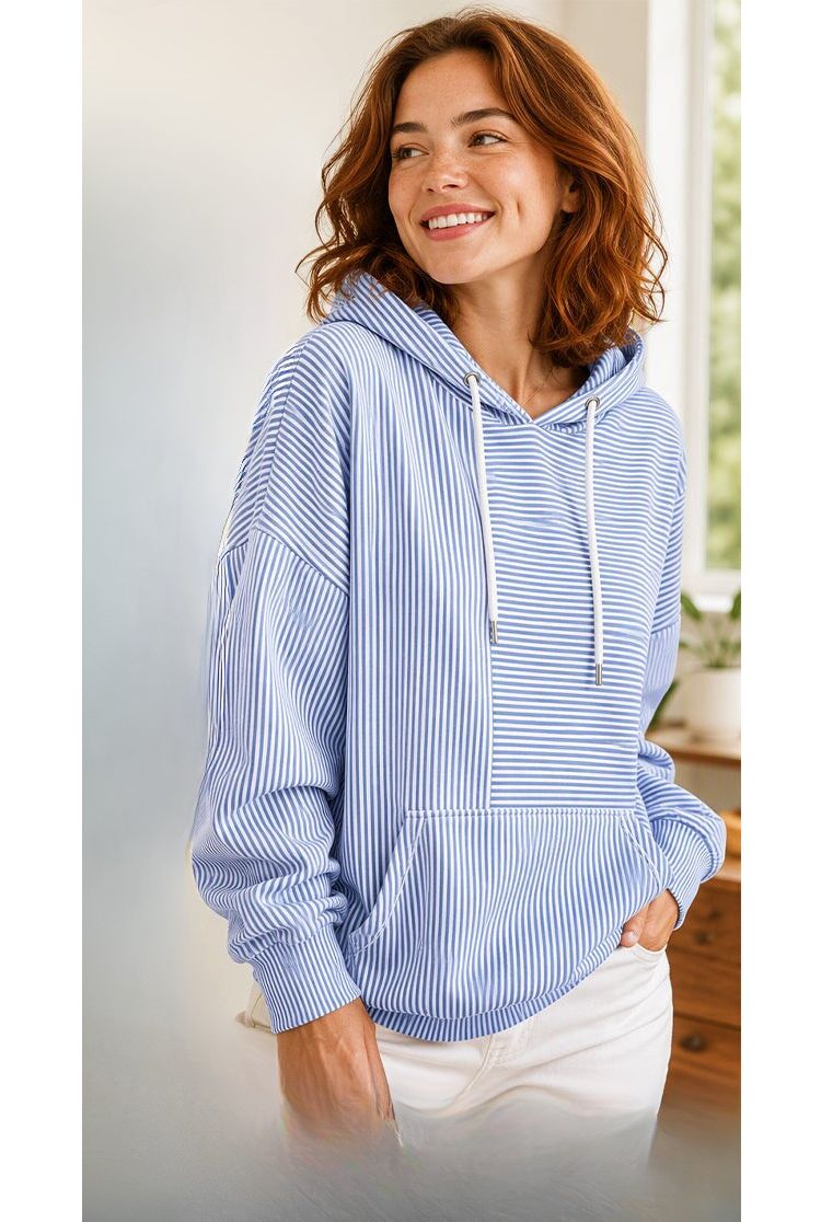 Floralie - Sweat à capuche femme rayé avec poche kangourou et cordons