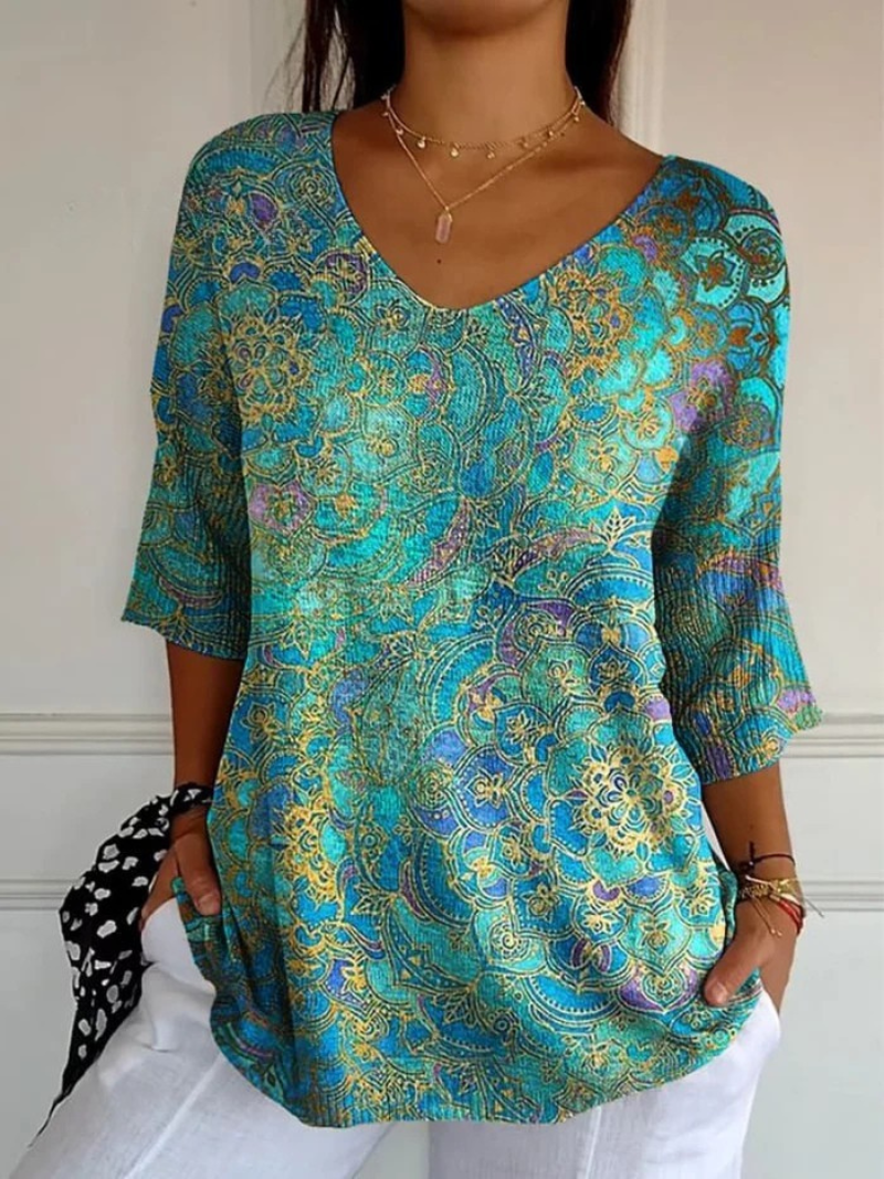 Kynelle™ - Blouse femme fluide imprimée col V manches évasées style bohème élégant