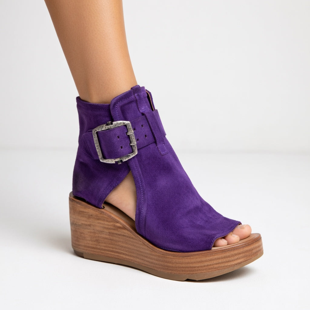 Kalyne™- Sandales femme wedge suède bout ouvert boucle cheville