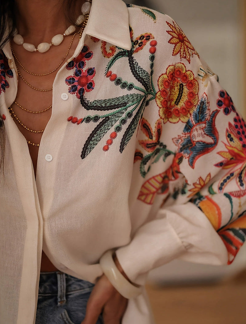 Fabienne™ - Chemise Fleurie Brodée – Un Soupçon de Méditerranée dans Chaque Détail