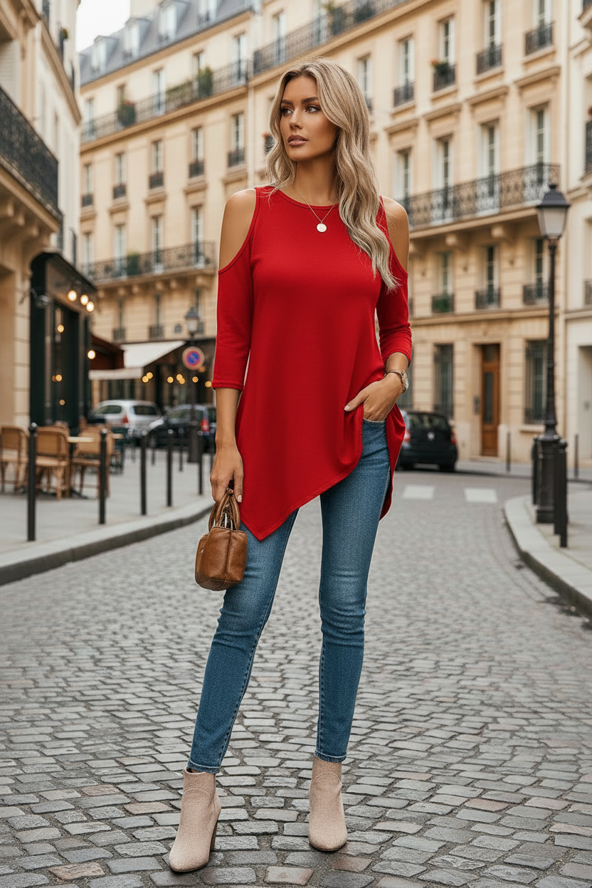 Delyxa™ - Haut Femme Coupe Asymétrique Épaules Dénudées Style Moderne