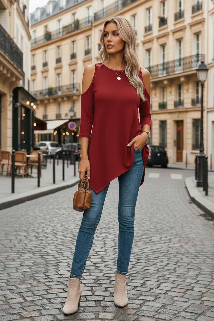 Delyxa™ - Haut Femme Coupe Asymétrique Épaules Dénudées Style Moderne