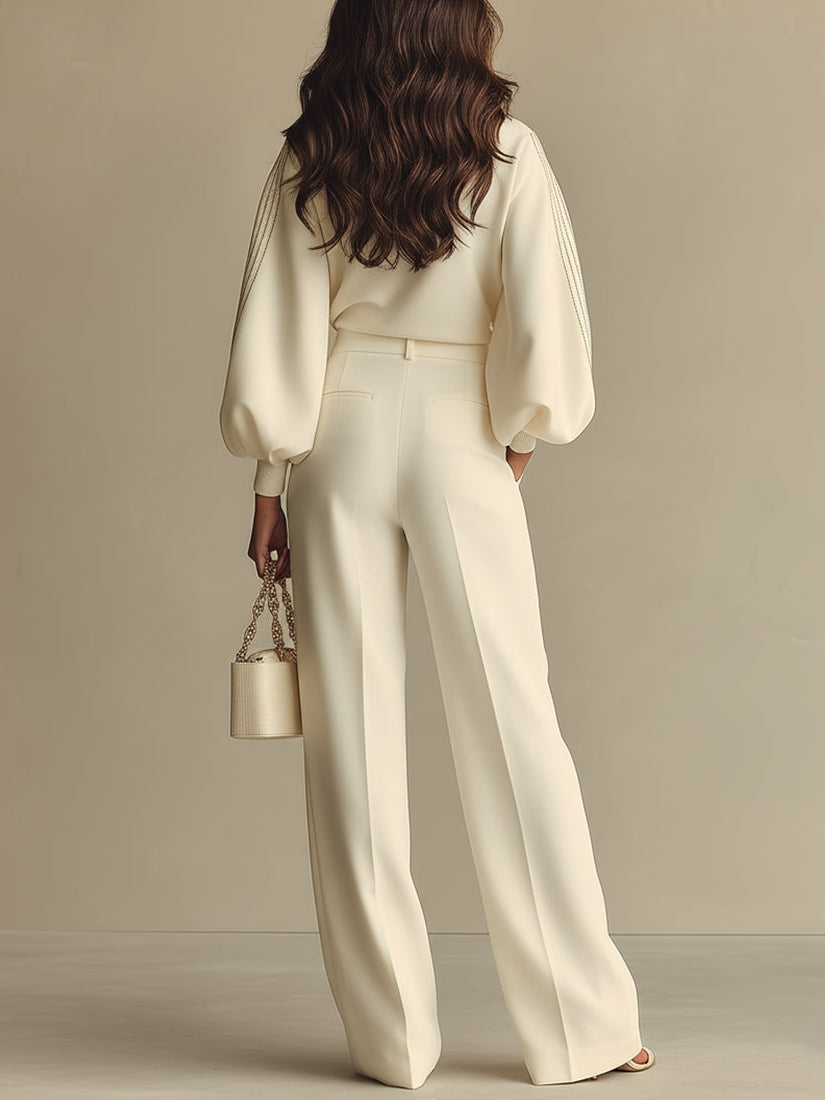 Oliveth™ - Ensemble Femme Élégant Haut Texturé et Pantalon Large Fluide