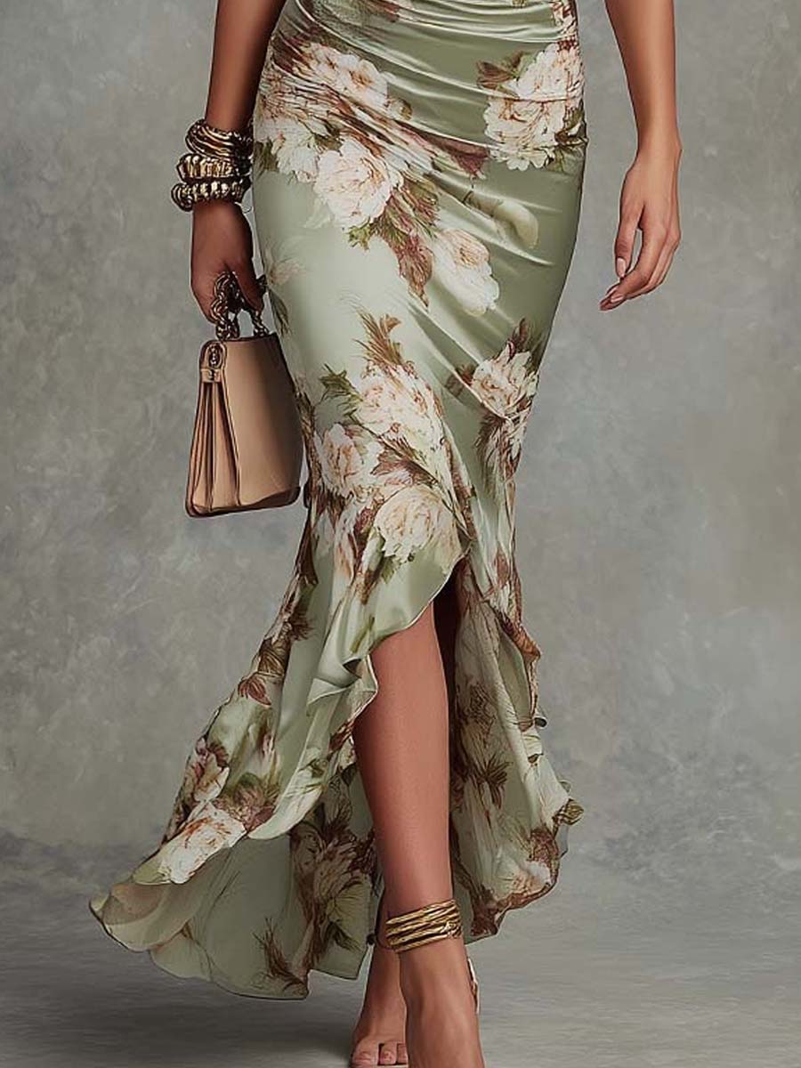 Kaelyn - Robe longue femme satinée à imprimé floral et col V