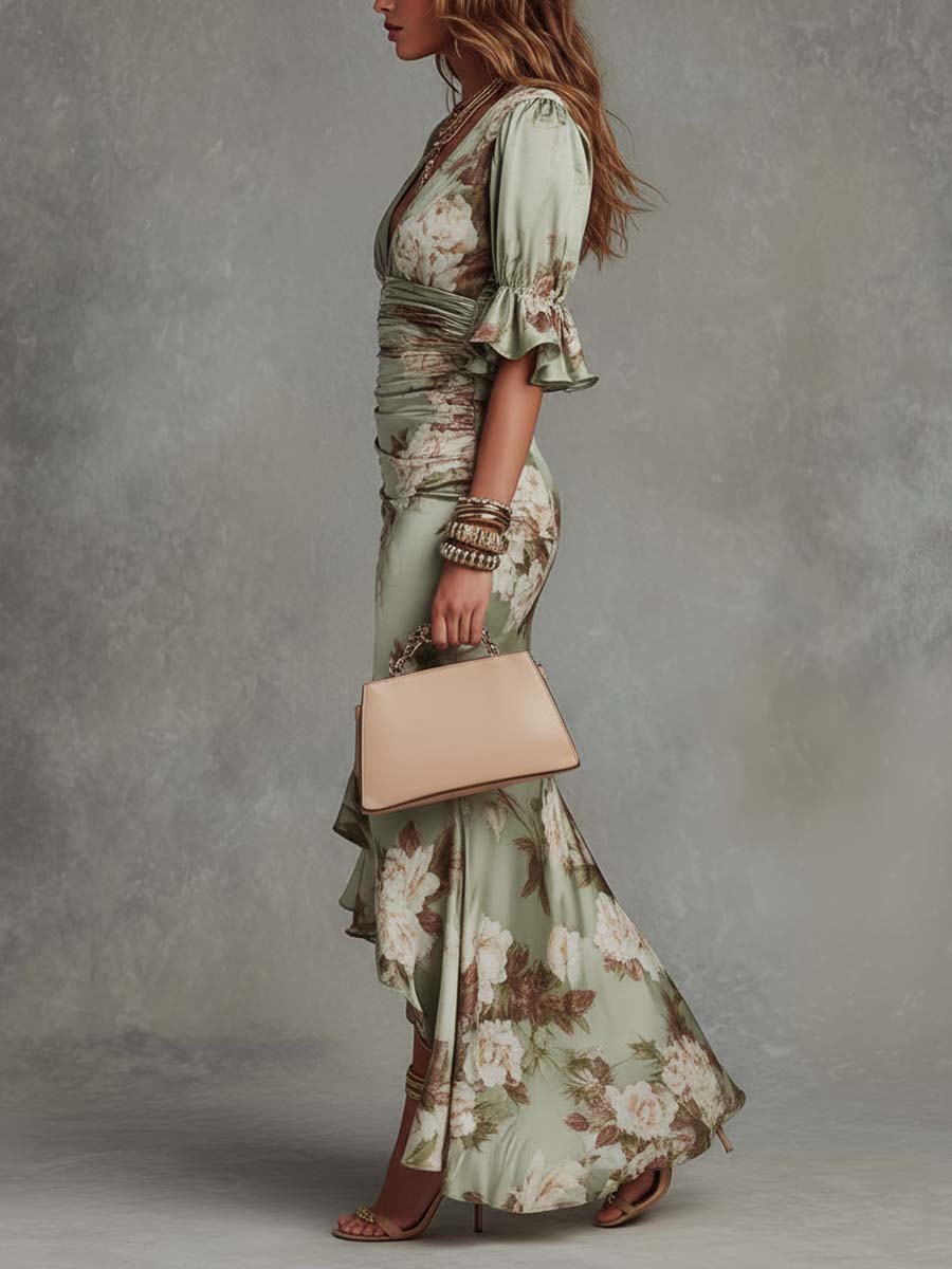 Kaelyn - Robe longue femme satinée à imprimé floral et col V