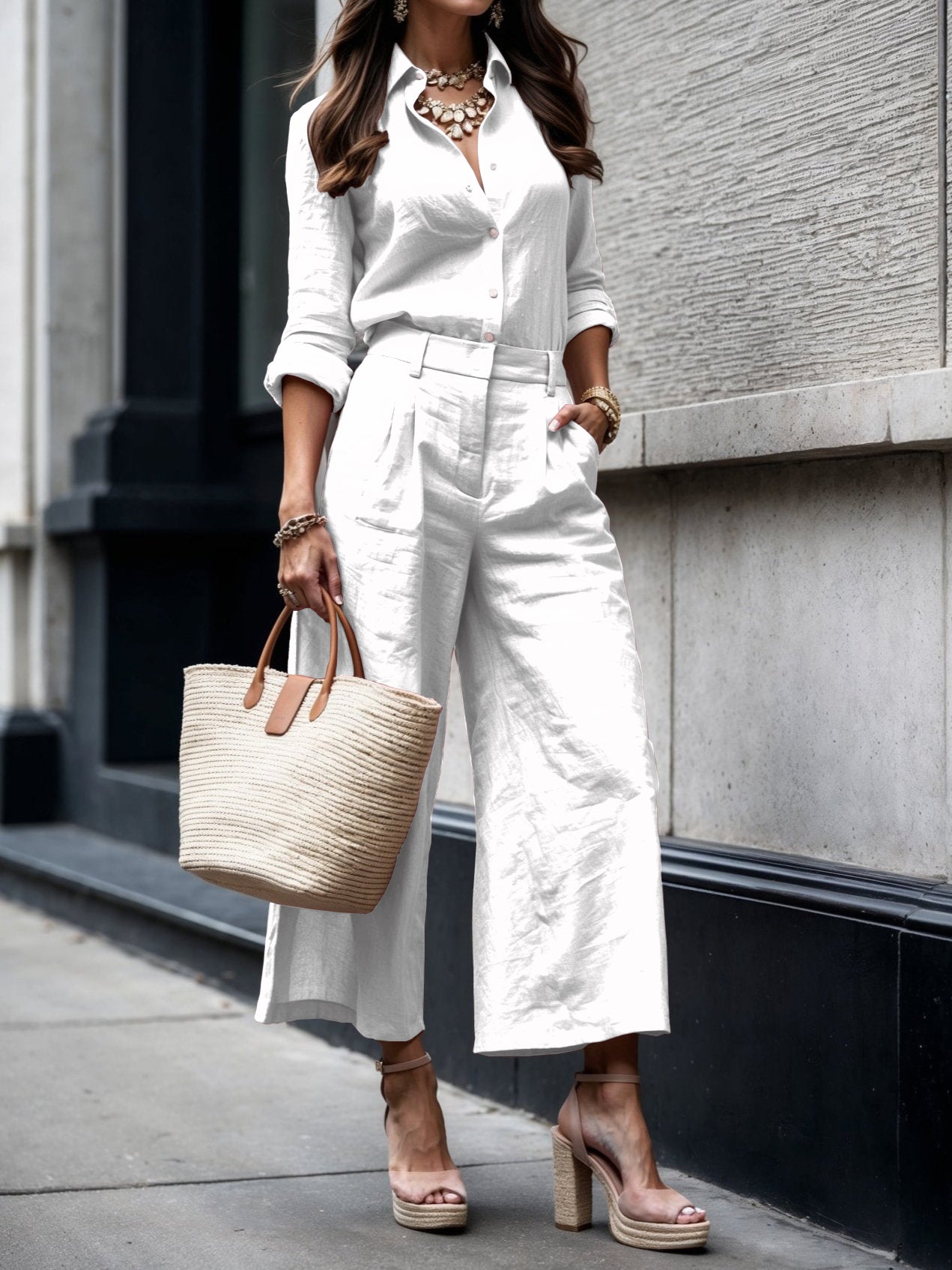 Savina - Ensemble femme en lin avec chemise ample et pantalon large