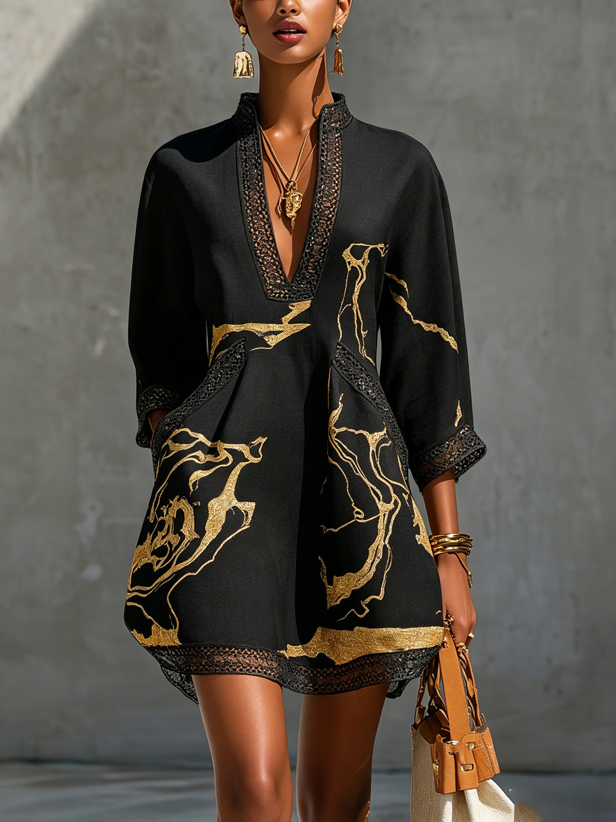 Demira - Mini robe noire femme à imprimé marbre doré