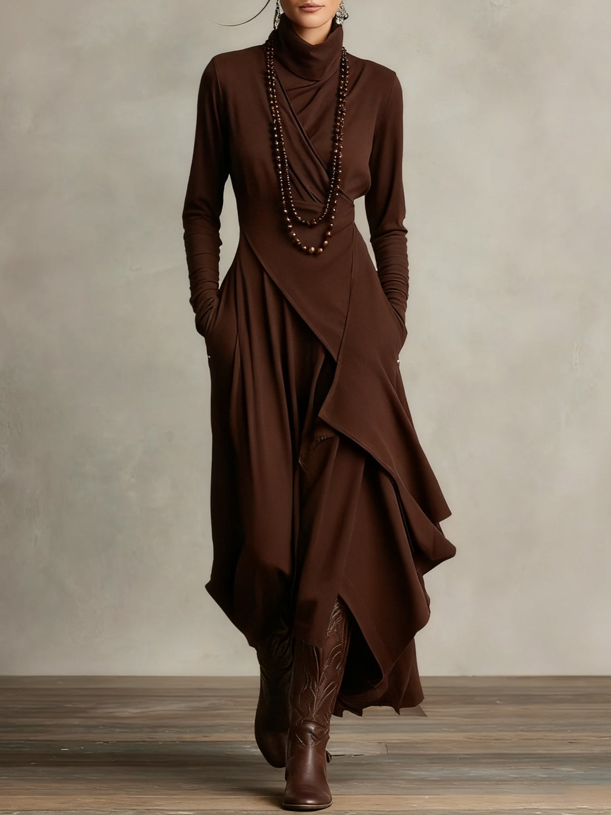 Odélie - Robe longue femme drapée à col roulé asymétrique