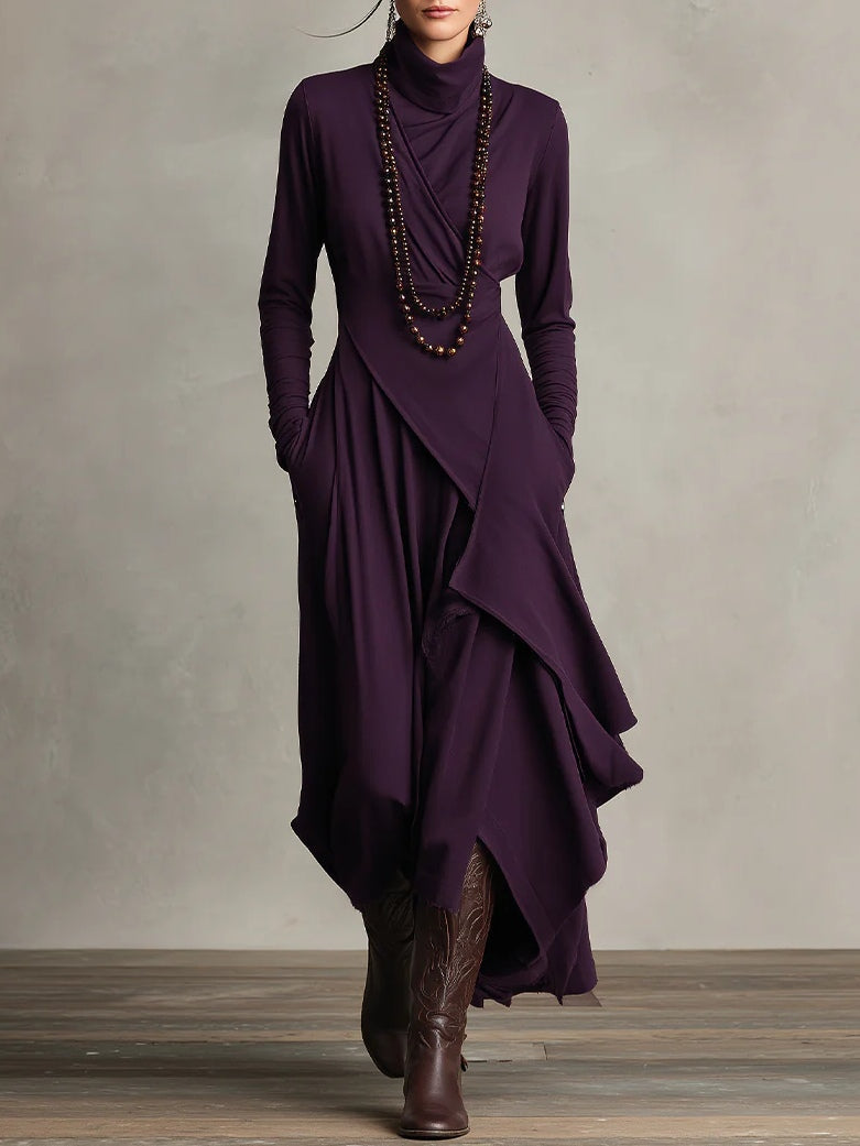 Odélie - Robe longue femme drapée à col roulé asymétrique