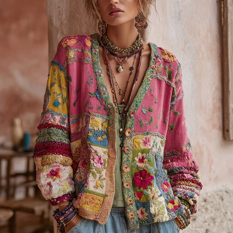 Rynellea™ - Cardigan Femme Patchwork Bohème Broderie Florale Style Vintage Chic