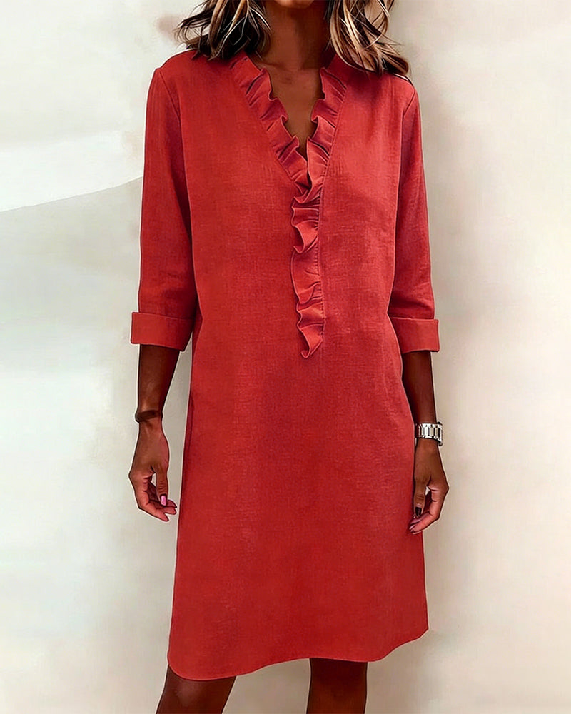 Ophivyn™ - Robe femme col V à volants coupe droite style décontracté