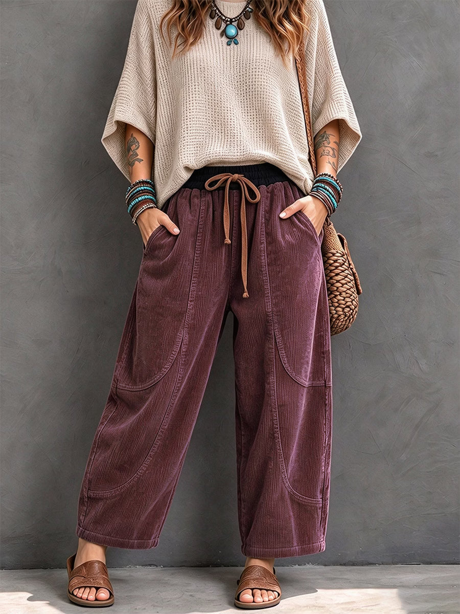 Sientje - Pantalon harem femme en velours côtelé à taille élastique