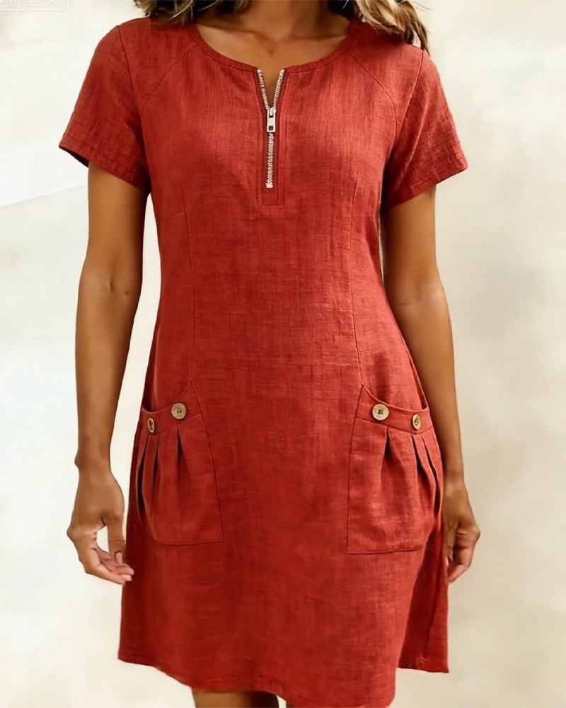 Kovira™ - Robe Courte Coton Lin avec Fermeture Éclair et Poches