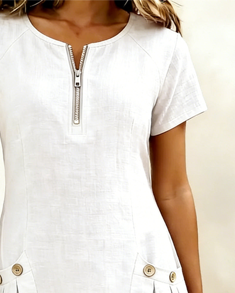 Kovira™ - Robe Courte Coton Lin avec Fermeture Éclair et Poches