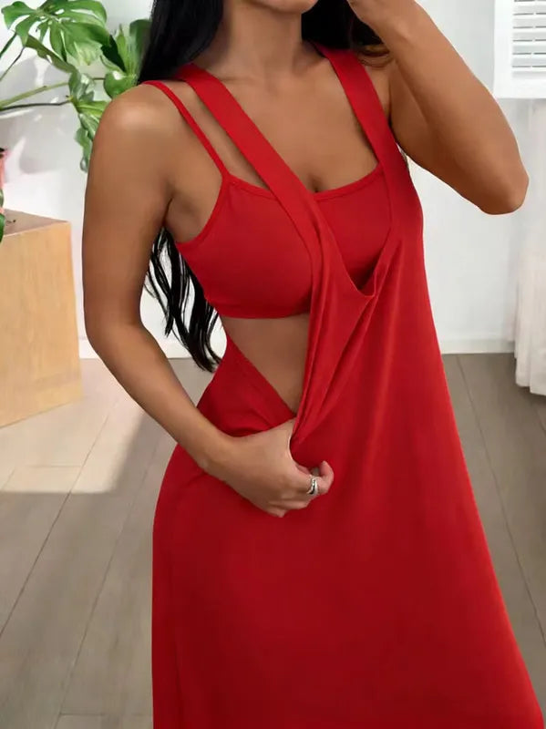 Dorissa - Robe longue femme effet deux pièces avec découpes latérales
